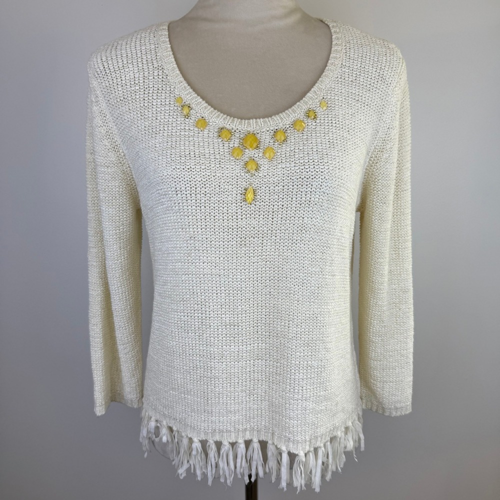Lark Lane Cream Knit Gemstone Embellished Fringe Hem Sweater Womens Medium Ivory